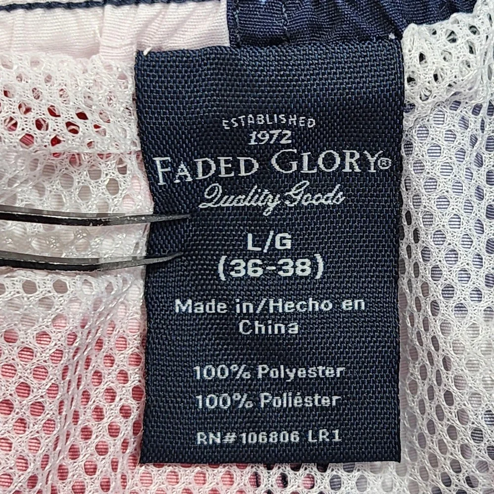 Faded Glory Swim Trunks Mens L Red White‎ Blue USA Flag Patriotic Lined Pockets